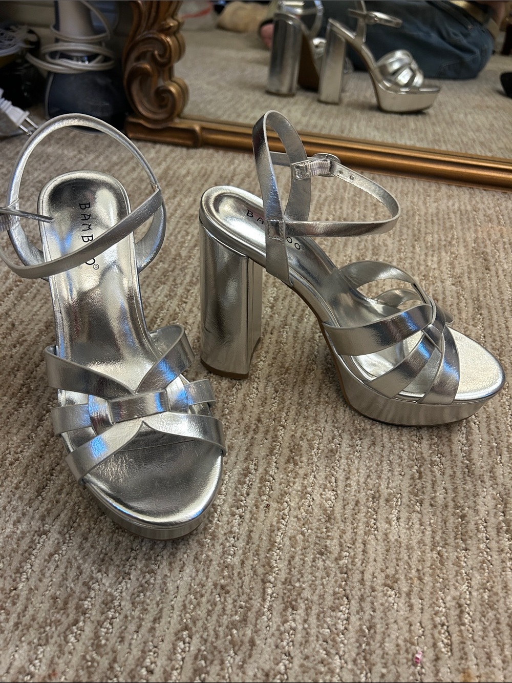 BAMBOO Metallic Silver Strappy Platform Sandals